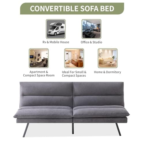 Memory Foam Futon Sofa Bed for Living Spaces, Office, Apartment - Grey Fabric