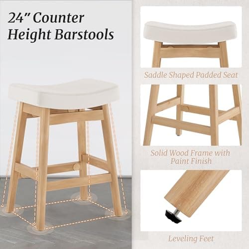 Sturdy Wood Leg Bar Stools, Beige Fabric, Set of 2, 24" Counter Height
