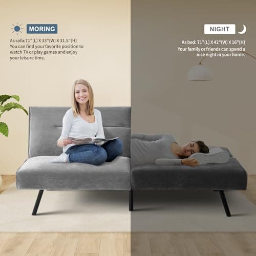 MUUEGM Futon Couch Bed, Convertible Memory Foam Sofa Bed, Modern Adjustable Backrests Velvet Couch Sleeper Sofa Bed