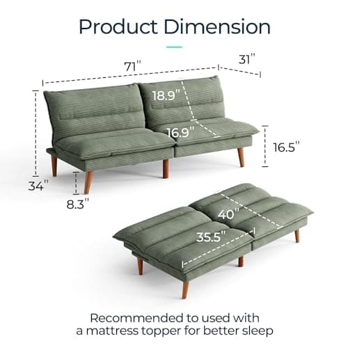 LINSY Green Corduroy Adjustable Futon Sofa Bed for Small Spaces
