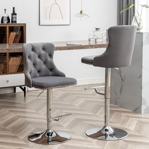 Velvet Swivel Bar Stools Set of 2 with Nailheads Trim and Button, Adjustable for Kitchen Island, Pub, Club (Grey)