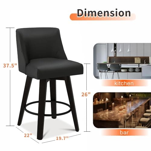 Set of 2 Swivel Bar Stools with Back, 26In Height, Solid Wood Stand, Faux Leather Upholstered, Thicken Cushion Back, Night Black - for MUUEGM Counter Height Audience