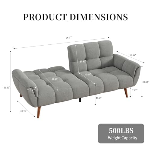 Modern Linen Futon Sofa Bed with Adjustable Backrest, Gray