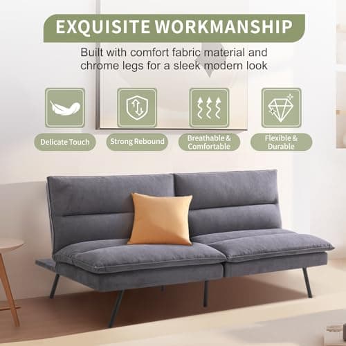 Memory Foam Futon Sofa Bed for Living Spaces, Office, Apartment - Grey Fabric