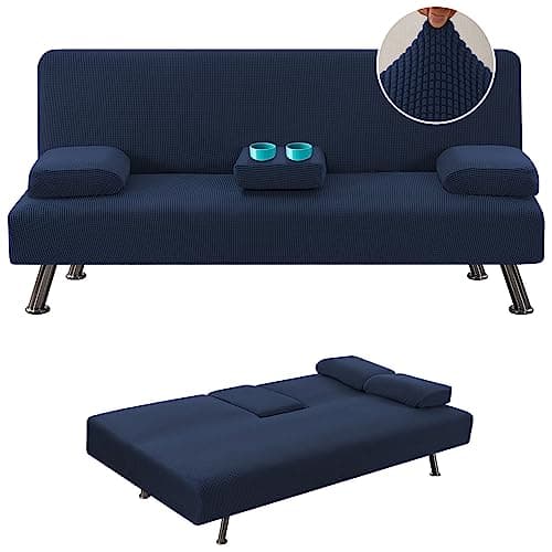 Stretch Futon Sofa Bed Slipcover with Removable Armrests and Cupholders - Grey