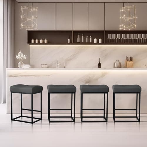 Counter Height Kitchen Stools Set of 4, Modern Faux Leather Barstools, Metal Frame Legs, Dark Grey