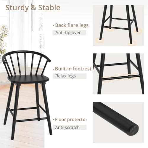 LUE BONA Black Farmhouse Bar Stools, Modern Counter Height, Set of 2