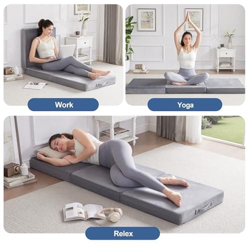 Portable 4 Inch Foldable Mattress, Foam Topper, Breathable Velvet Cover, Grey, for Travel and Yoga