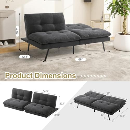 MUUEGM Adjustable Backrest Folding Futon Couch, Memory Foam Black Sofa Bed