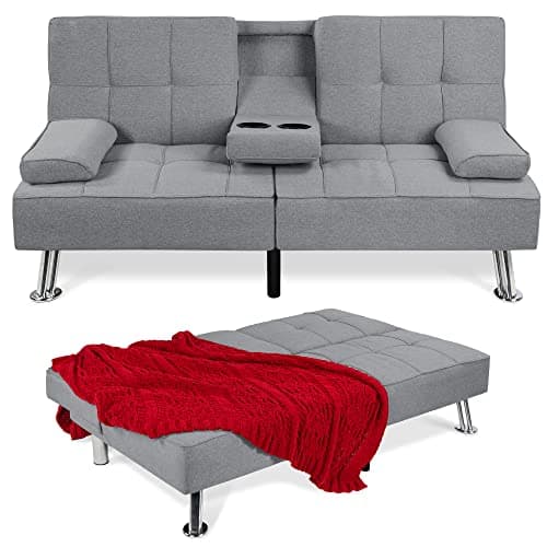 Best Choice Products Reclining Linen Folding Futon Sofa Bed, 2 Cupholders - Black