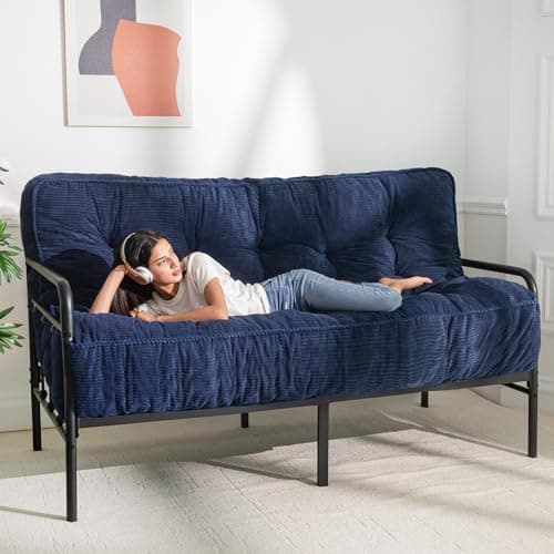 MAXYOYO Queen Size Ultra Thick Futon Mattress Sofa Bed, Shredded Foam Filling, Corded Fabric, Navy