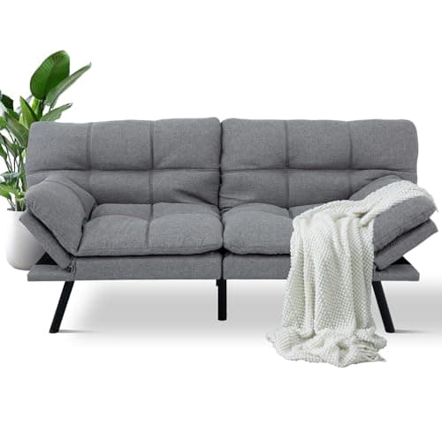 MUUEGM Grey Convertible Futon Sofa Bed, Memory Foam, Adjustable Armrest & Backrest