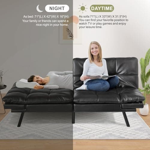 MUUEGM Futon Sofa Bed, Adjustable Backrest, Memory Foam, Black