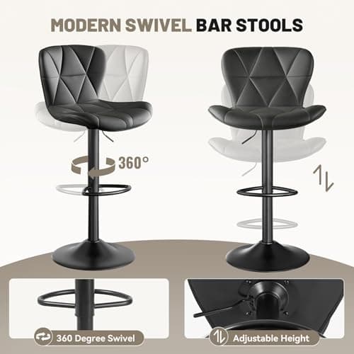 Modern Black Adjustable Bar Stools Set of 2, Counter Height with Footrest