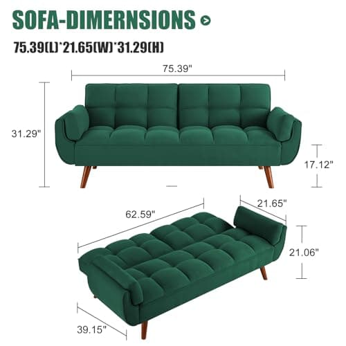 Green Convertible Futon Couch Bed, 3 Seater Sleeper Sofa with Adjustable Backrests