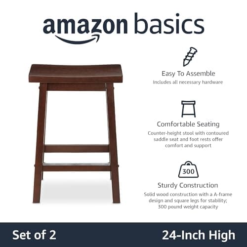 Amazon Basics 24" Walnut Finish Solid Wood Saddle-Seat Kitchen Barstool Set of 2