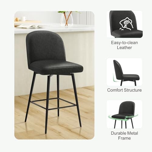 Black Upholstered Bar Stools Set of 3 with 360°Swivel, High Back and Metal Legs
