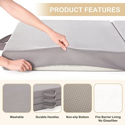 Dark Grey Foldable Mattress Couch with Headrest, 4 Inch Foam, Portable Queen, Camping & Road Trips