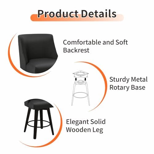 Black Swivel Bar Stool with Back, Set of 1, 26In Height, Faux Leather & Wood Stand