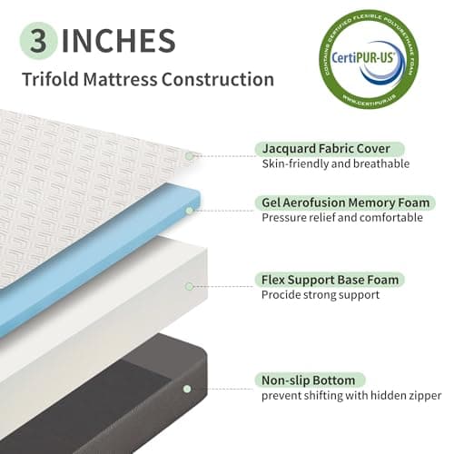 MUUEGM 3-Inch Tri-Fold Memory Foam Mattress with Washable Cover, King Size Guest Bed Topper, Includes Storage Bag, Non-Slip Bottom, 80×76×3