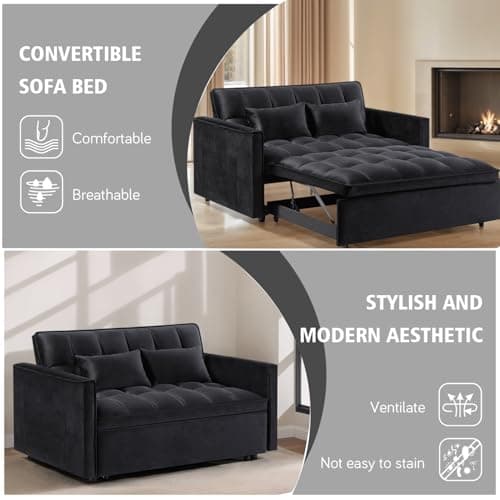 3 in 1 Velvet Convertible Sofa Bed, Black (54" Full)