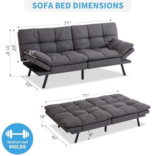 MUUEGM Dark Gray Fabric Ajustable Backrest Folding Futon Sofa for Small Spaces
