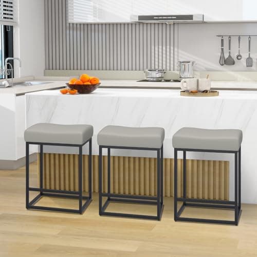 Set of 4 Modern Kitchen Barstools with Metal Base, 25 inch Counter Height, Light Grey PU Leather Saddle Stools