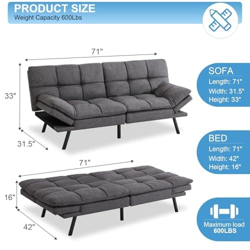 MUUEGM Dark Grey Memory Foam Futon Sleeper Sofa Bed for Small Spaces