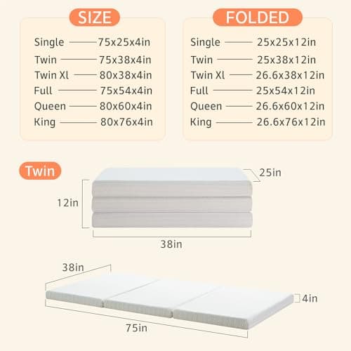 4 Inch Queen Tri Folding Memory Foam Mattress with Washable Cover - Portable Mattress Topper for Yoga/Camping/RV/Guest Beds