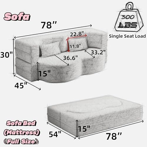 78" Queen Sleeper Sofa Bed, Modern Grey Teddy Fabric, Gray Folding Mattress, Living Room Couch