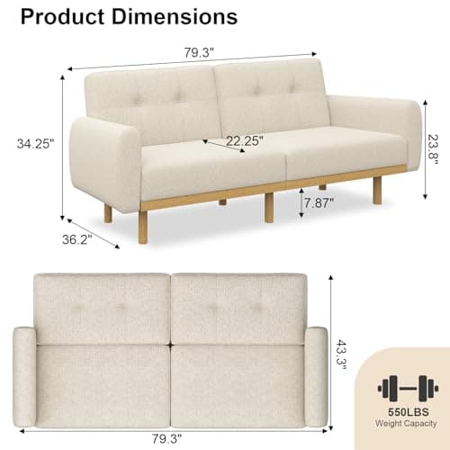 MUUEGM Beige 79.3" Convertible Memory Foam Sofa Bed with Adjustable Backrests