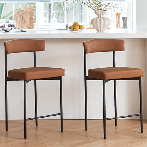 Modern Brown Faux Leather Bar Stool Set, 24 Inch Curved Back, Kitchen Island Counter Height