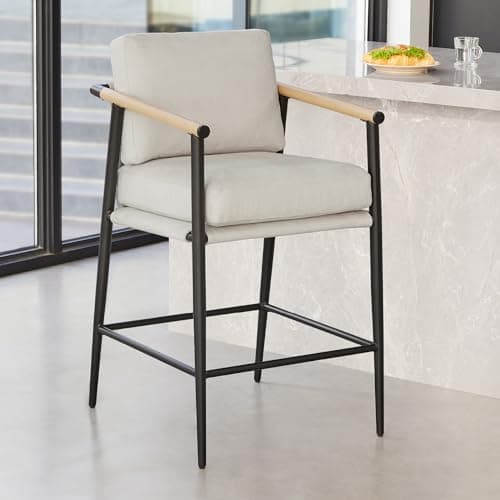 Watson & Whitely Mid Century Modern Barstools, Beige Fabric, 26" H