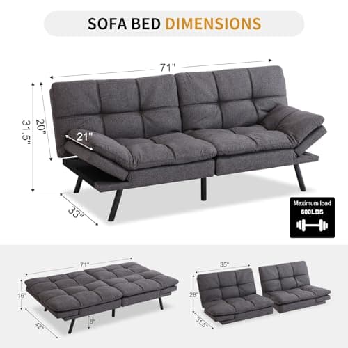 Convertible Futon Sofa Bed with Memory Foam, Adjustable Full Size Recliner, Dark Grey, for Living Room or Office