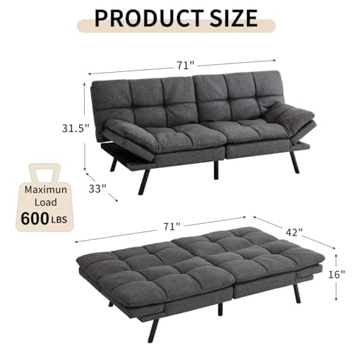 Modern Futon Sofa Bed for Small Spaces: Memory Foam, Convertible Couch.