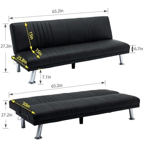 VECELO Modern Convertible Couch Bed, Faux Leather Futon, Black