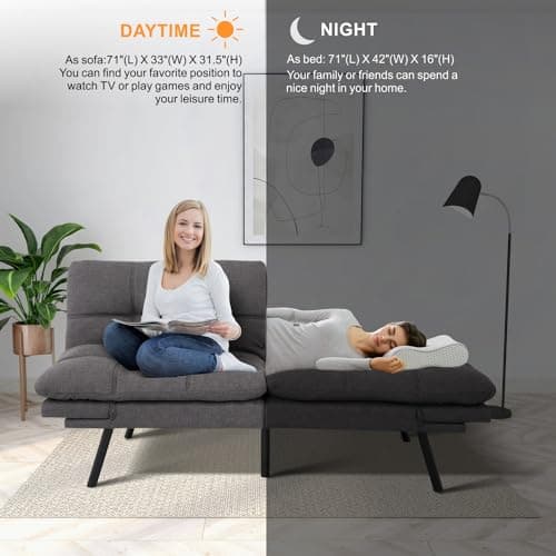 Memory Foam Futon Sofa Bed for Compact Spaces, Office, Apartment - Dark Gray Fabric