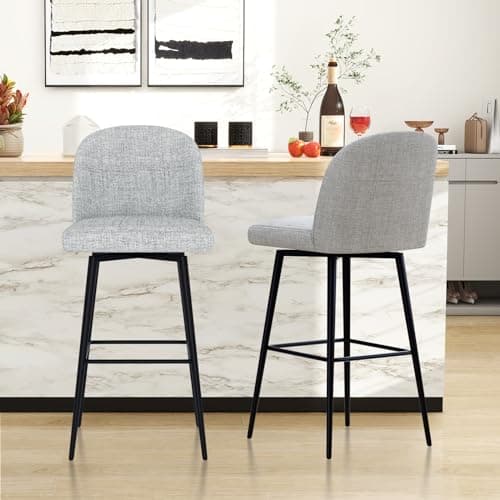Modern Swivel Bar Stools Set of 2, High Back 30 Height with Metal Legs, Light Grey Linen Fabric Counter Height Bar Chair for Bar, Kitchen, Dining Room