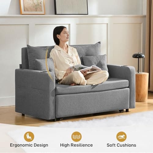 3 in 1 Full Size Loveseat Sleeper Sofa with Storage, USB, Grey