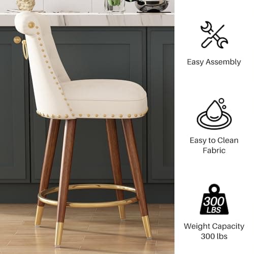 4-Piece 360° Swivel Bar Stool Set, Velvet Upholstered with Back and Footrest, Beige Fabric, Counter Height 24" Seat