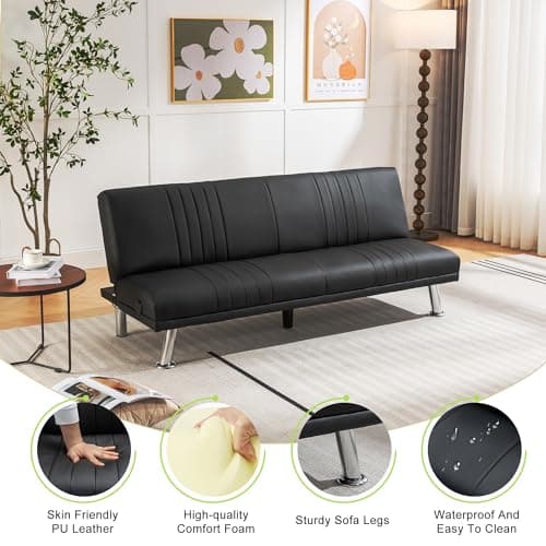 VECELO Modern Convertible Couch Bed, Faux Leather Futon, Black