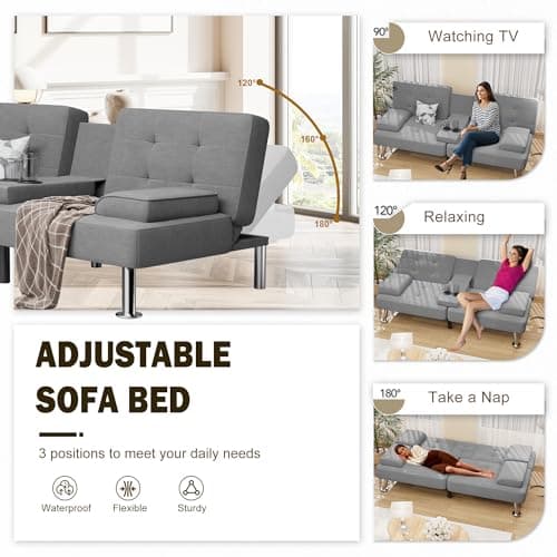 Shahoo Dark Grey Linen Convertible Futon Sofa Bed with Removable Arms