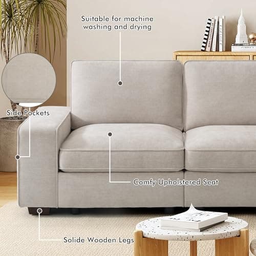 TEKAMON Comfy 3-Seater Chenille Storage Sofa W/Deep Seat, Wide Arms, USB & Removable Cover