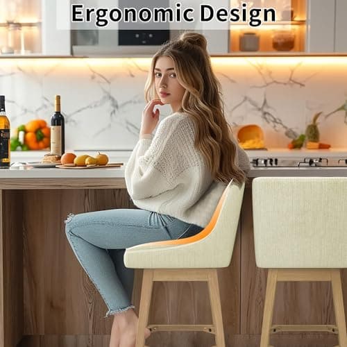 Swivel Barstool with Back, Memory Foam Upholstered Farmhouse Bar Stool - Linen Ivory