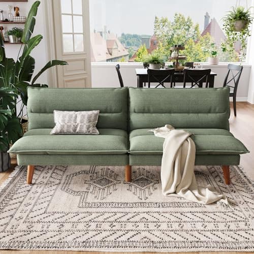 LINSY Green Corduroy Adjustable Futon Sofa Bed for Small Spaces