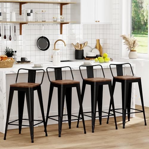 WENTMENT Black Metal Bar Stools Set of 4 Counter Height Kitchen Bar Stools with Wooden Seat