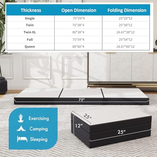 White 4 Inch Tri-Fold Memory Foam Mattress Topper for Camping andGuest Beds