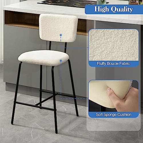 Modern White Boucle Bar Stool Set - 4 Pack Kitchen Island Chairs