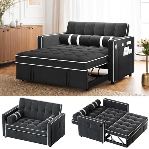 Amada 3-in-1 Convertible Couch Bed, Futon Loveseat with USB & Side Pocket, Black