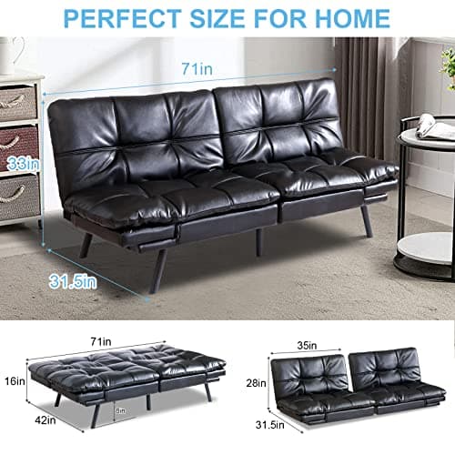 Modern Convertible Memory Foam Sleeper Sofa Bed with Adjustable Armrest Backrest, Faux Leather - Black, 71''x33''x31.5''
